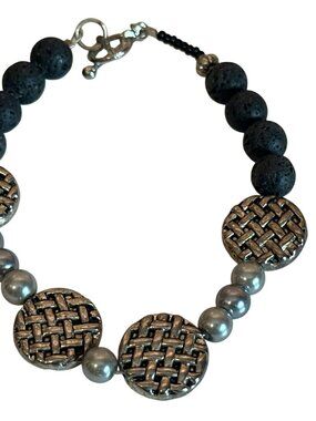 Lava Bead Metal Woven Disc Bracelet Toggle Clasp 7.5 Inches Boho Jewelry